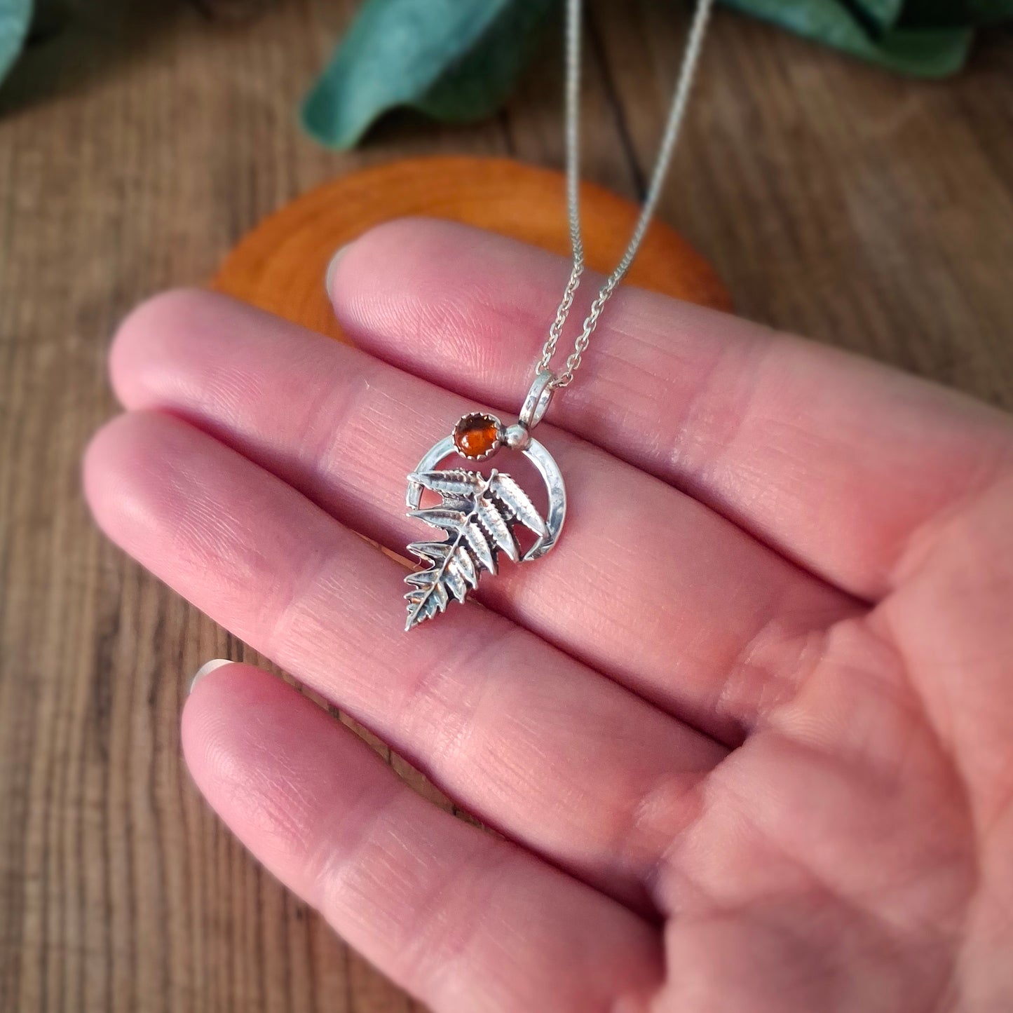 Handmade Silver Fern Leaf and Amber Necklace