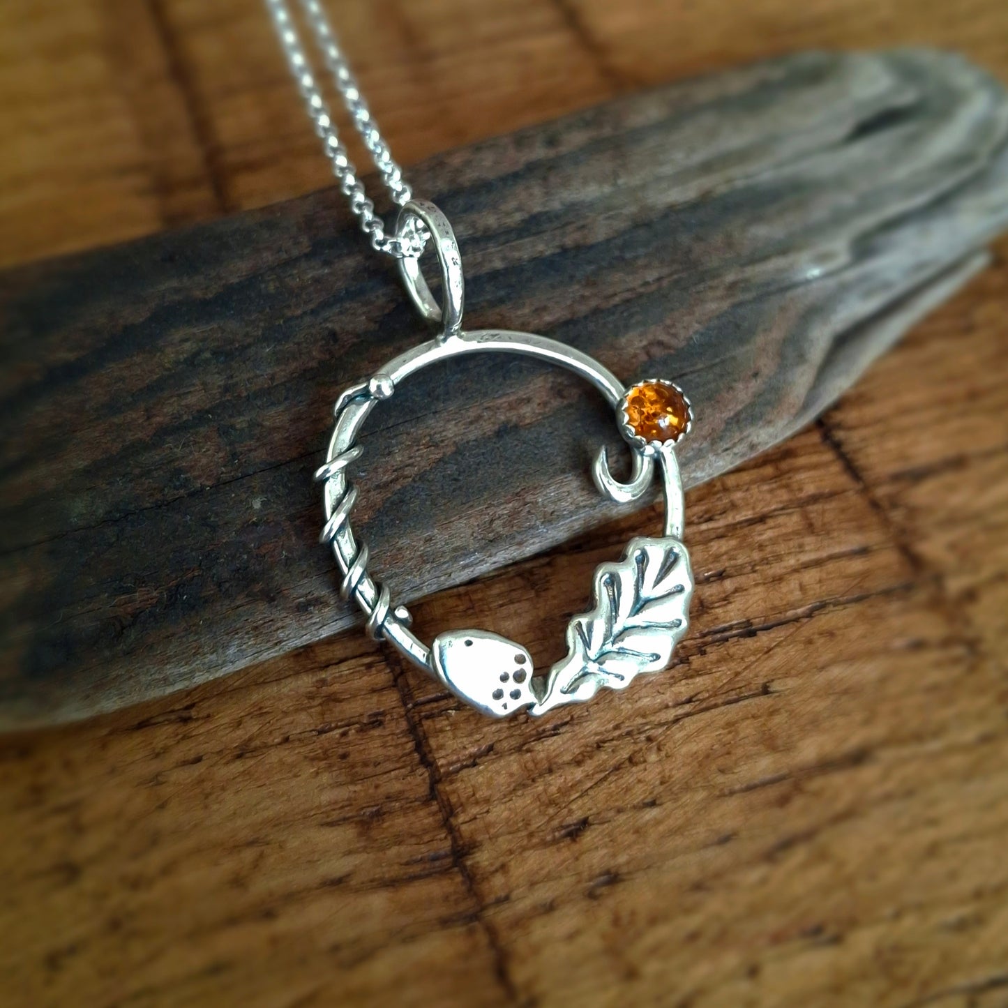 Handmade Oak Leaf & Acorn Wreath Silver Necklace with Amber
