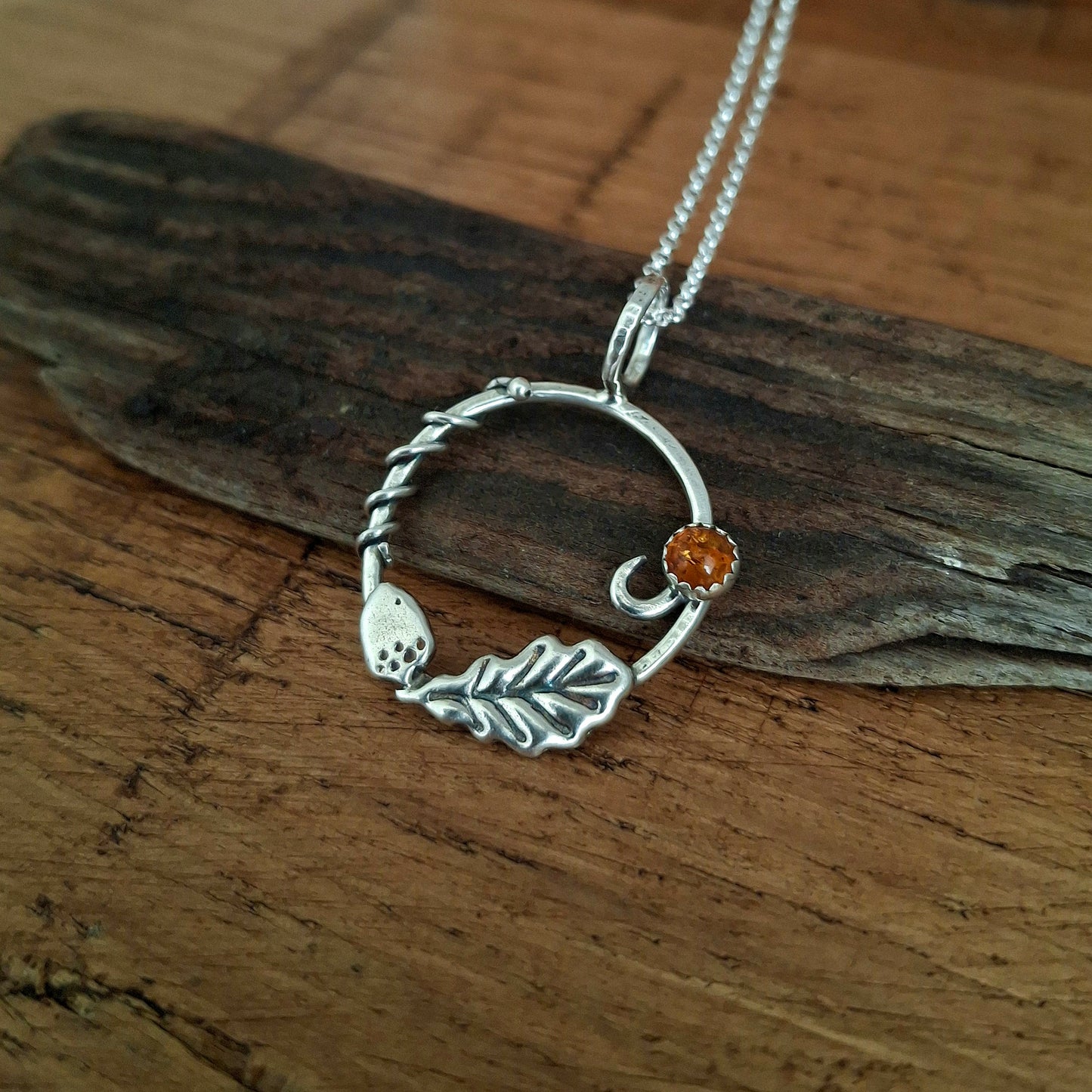 Handmade Oak Leaf & Acorn Wreath Silver Necklace with Amber