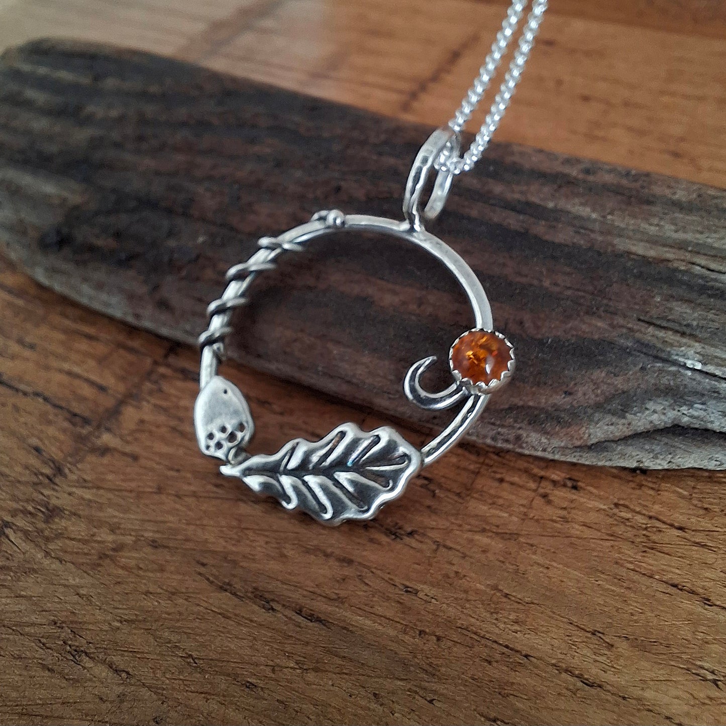 Handmade Oak Leaf & Acorn Wreath Silver Necklace with Amber