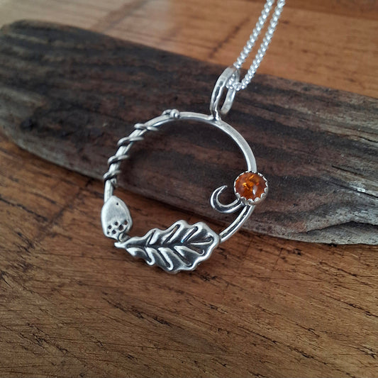 Handmade Oak Leaf & Acorn Wreath Silver Necklace with Amber