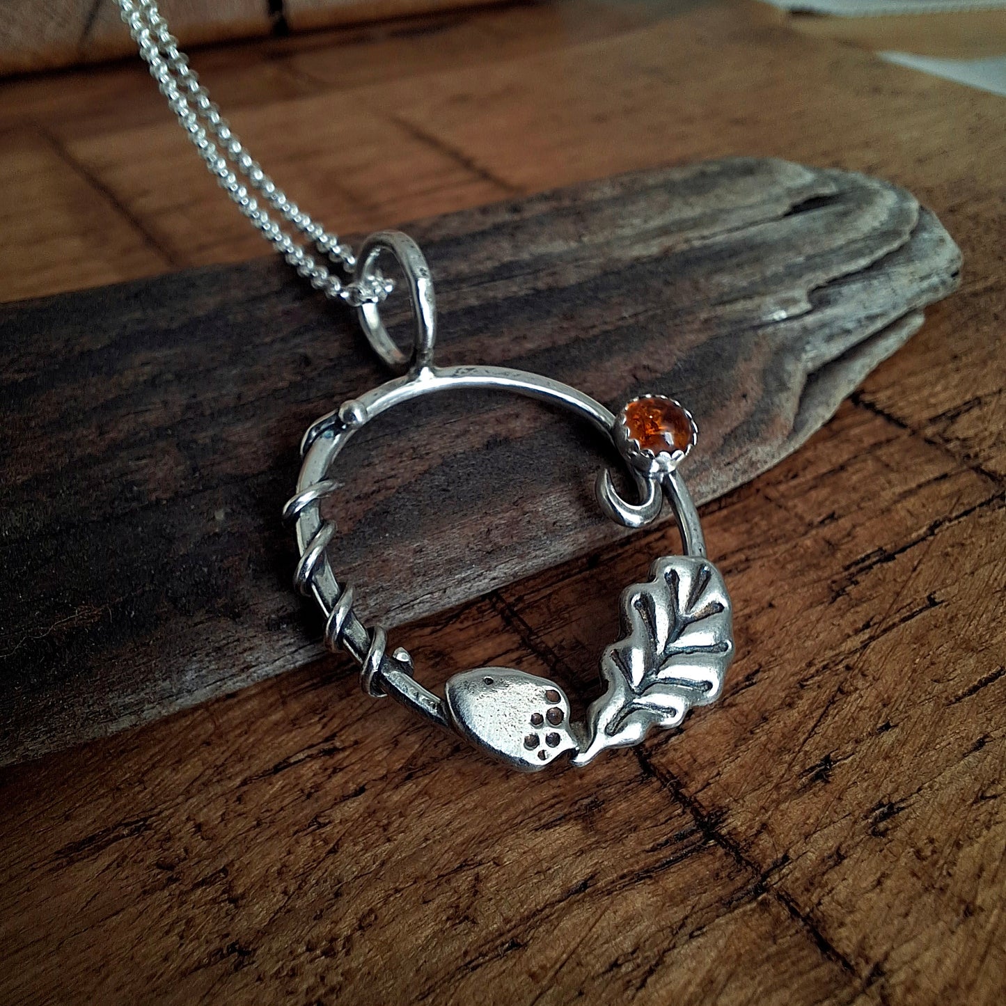 Handmade Oak Leaf & Acorn Wreath Silver Necklace with Amber