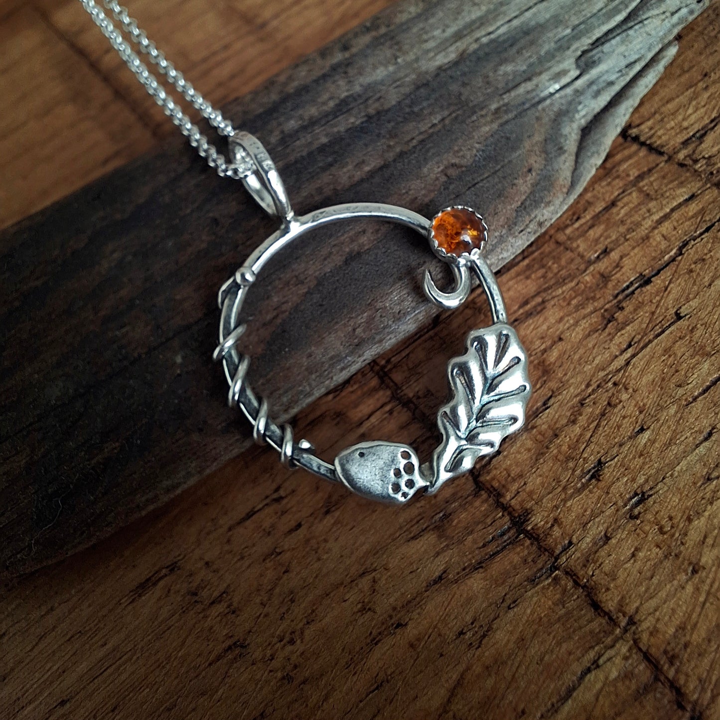 Handmade Oak Leaf & Acorn Wreath Silver Necklace with Amber