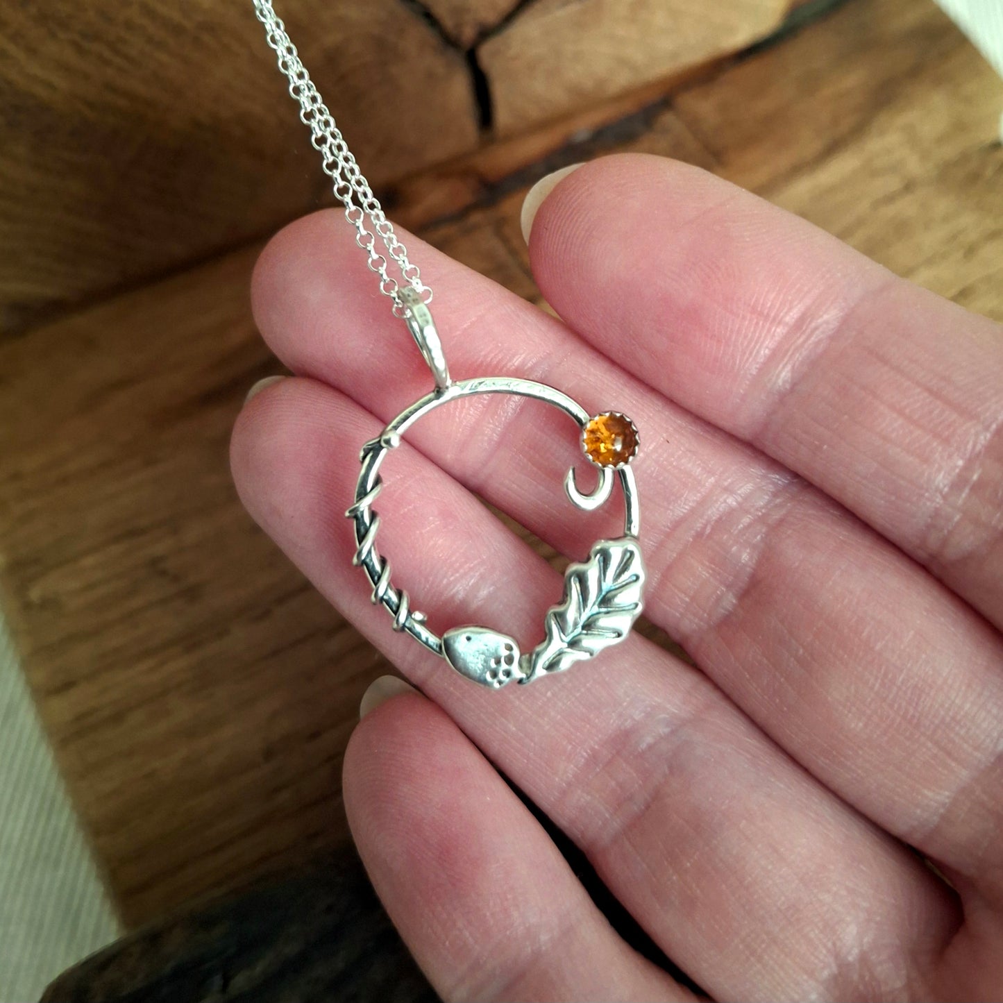 Handmade Oak Leaf & Acorn Wreath Silver Necklace with Amber