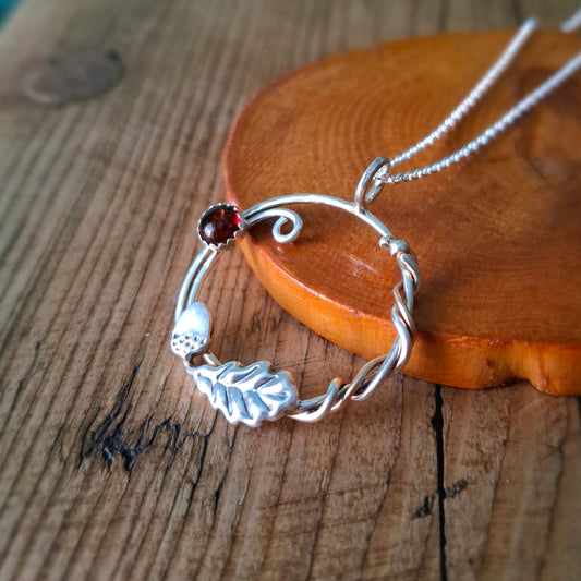 Handmade Oak Leaf & Acorn Wreath Silver & Rose-Gold Necklace with Amber