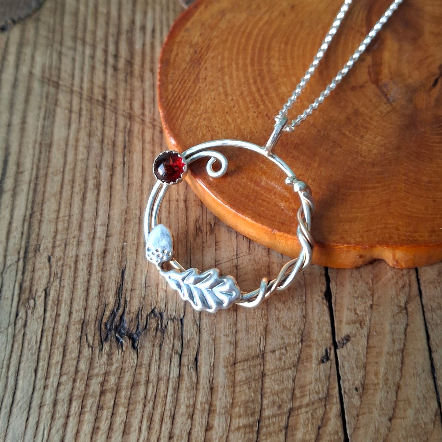 Handmade Oak Leaf & Acorn Wreath Silver & Rose-Gold Necklace with Amber