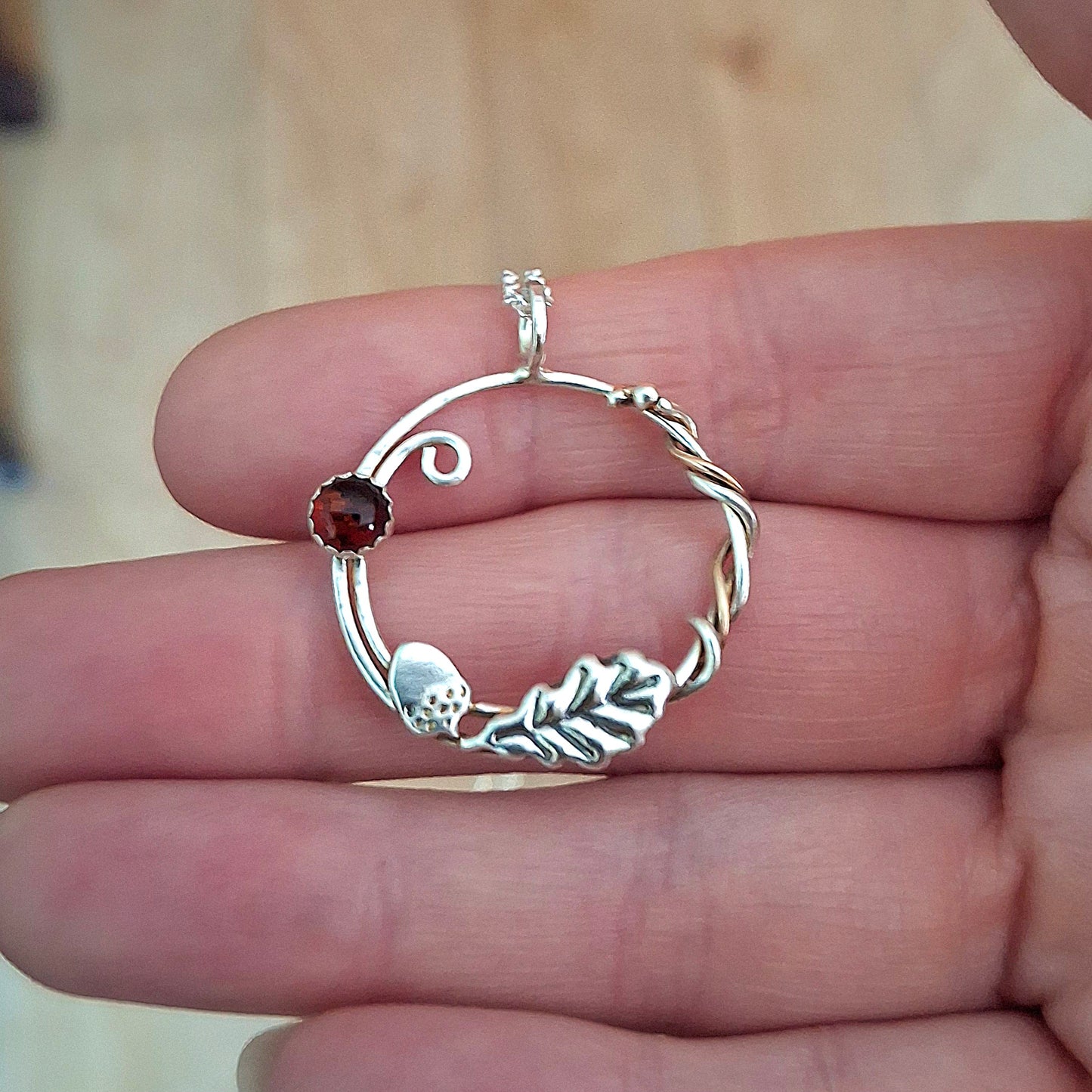 Handmade Oak Leaf & Acorn Wreath Silver & Rose-Gold Necklace with Amber