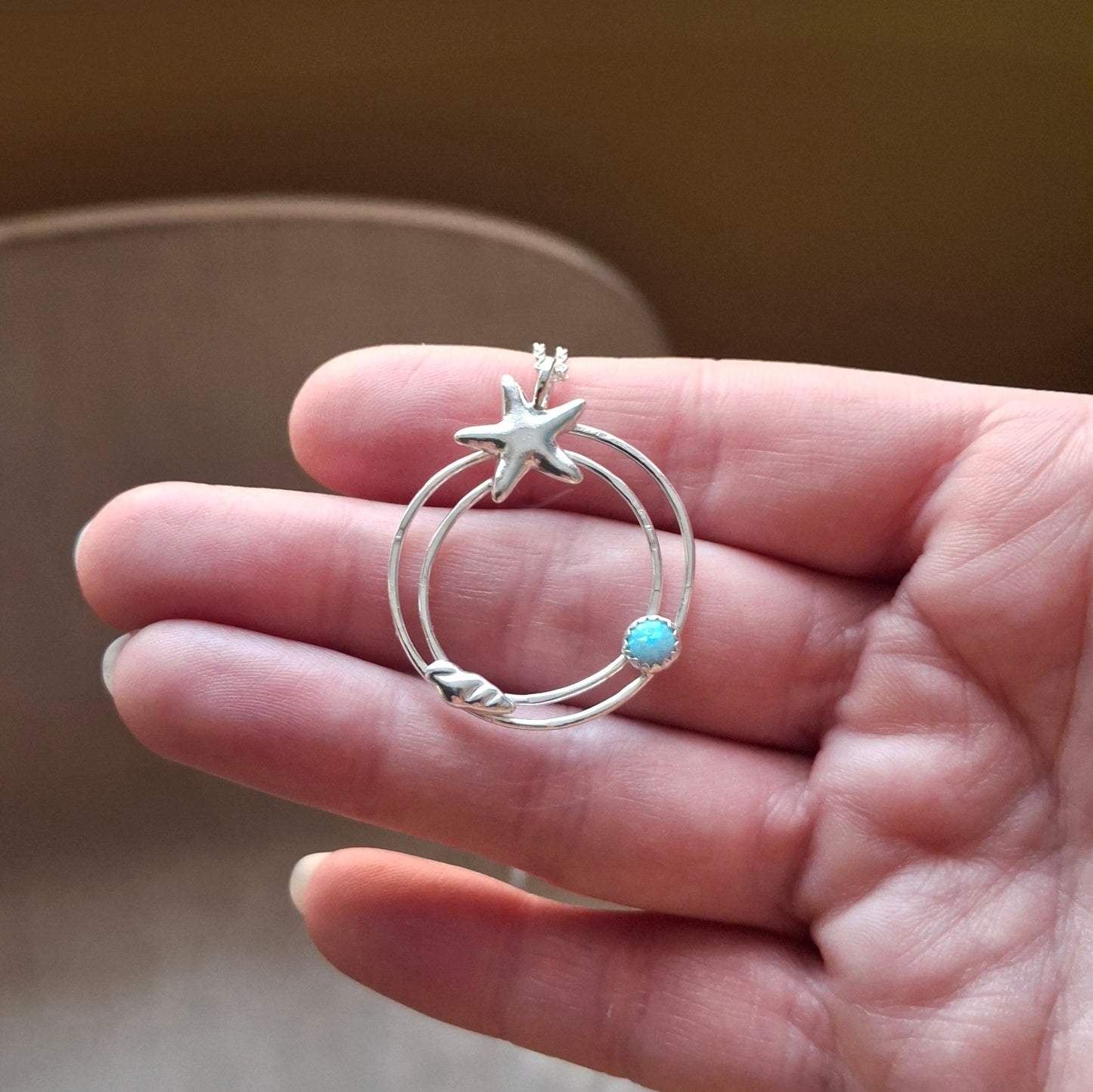 Handmade Silver Circle Ocean Pendant with Starfish & Opal