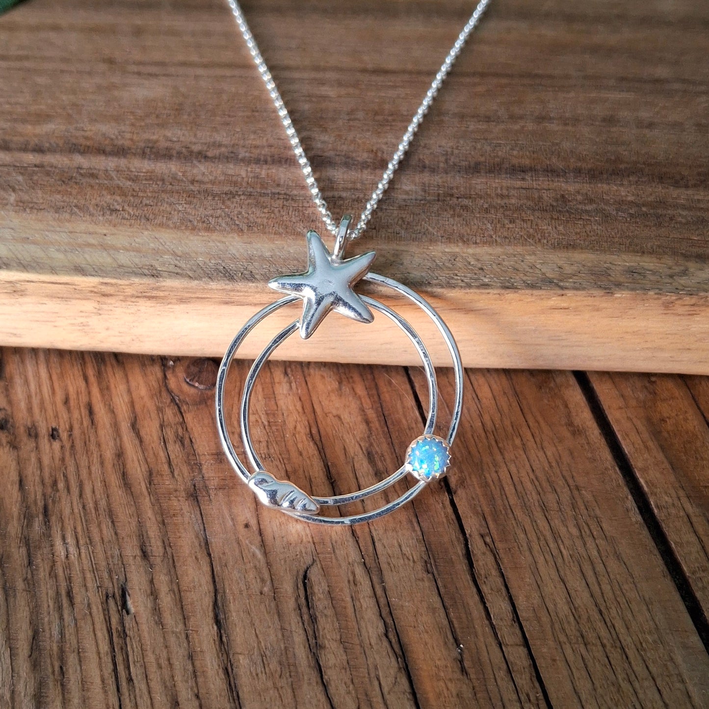 Handmade Silver Circle Ocean Pendant with Starfish & Opal