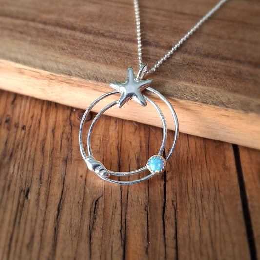 Handmade Silver Circle Ocean Pendant with Starfish & Opal