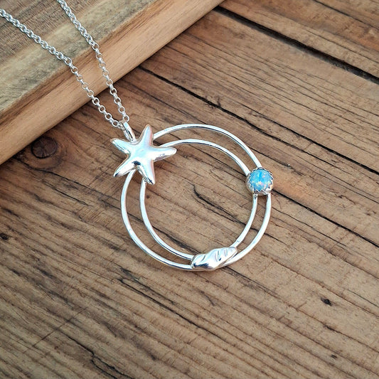 Handmade Silver Circle Ocean Pendant with Starfish & Opal
