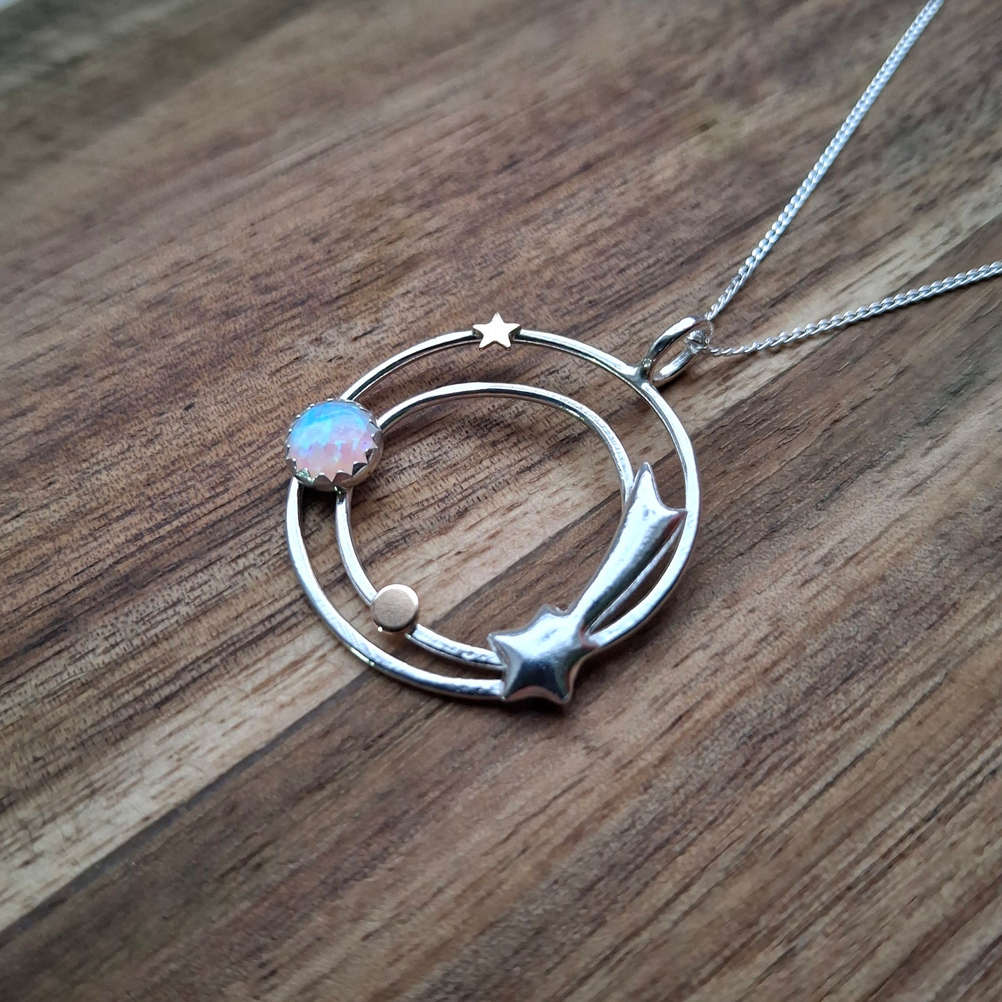 Handmade Twinkly Stars Silver Necklace, Opal & Gold