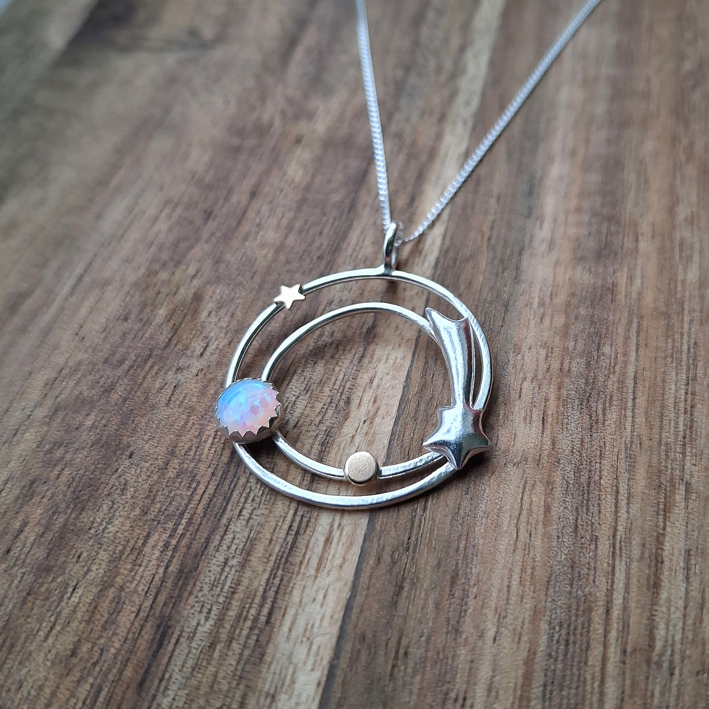 Handmade Twinkly Stars Silver Necklace, Opal & Gold