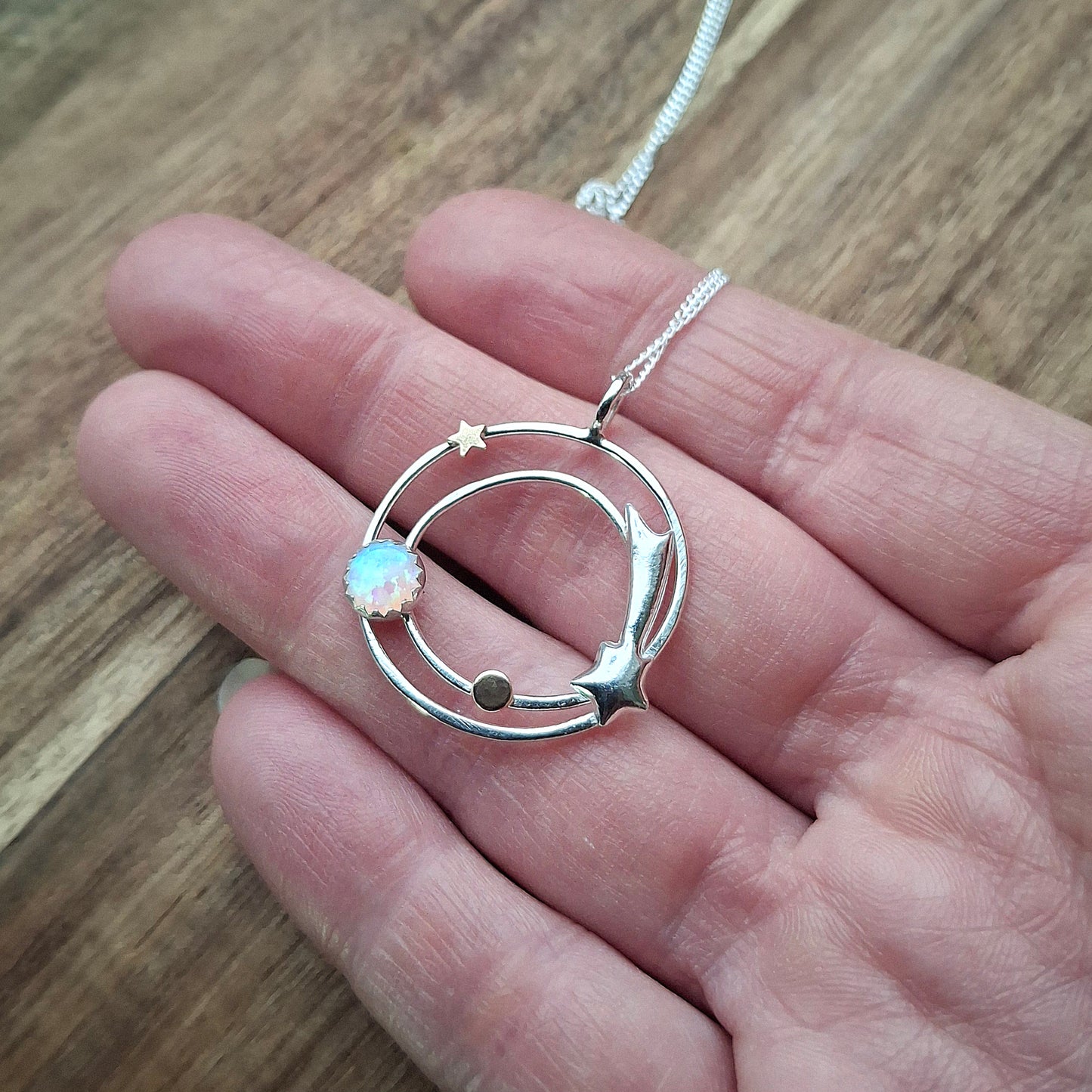 Handmade Twinkly Stars Silver Necklace, Opal & Gold