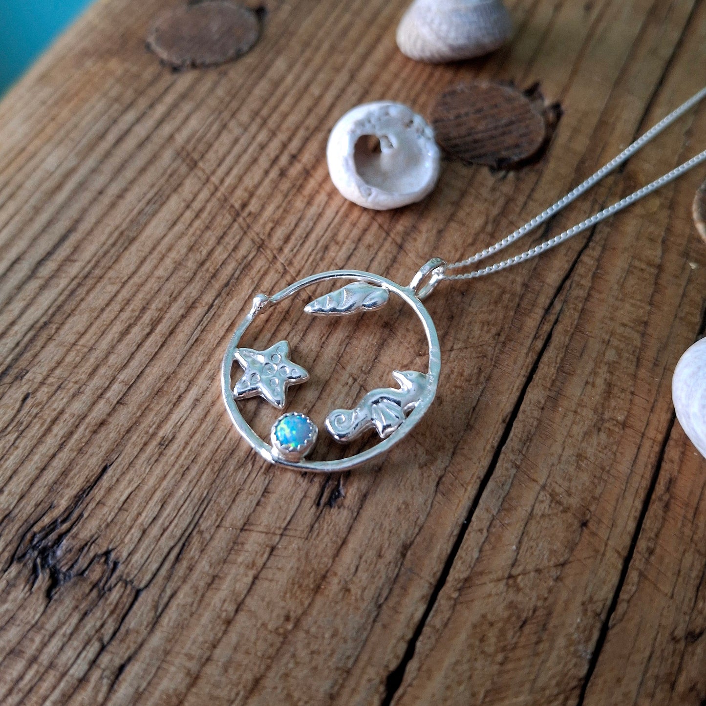 Handmade Silver Circle Seaside Pendant with Opal