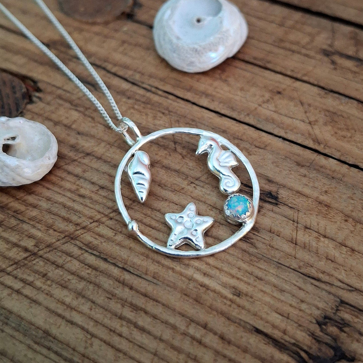 Handmade Silver Circle Seaside Pendant with Opal