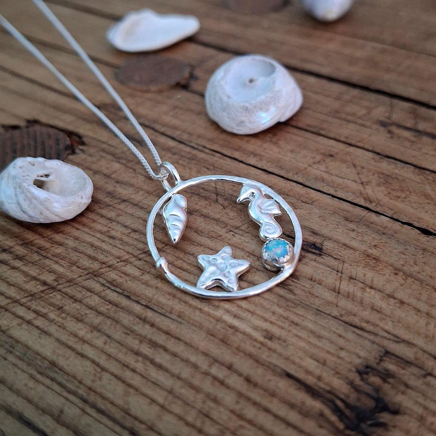 Handmade Silver Circle Seaside Pendant with Opal