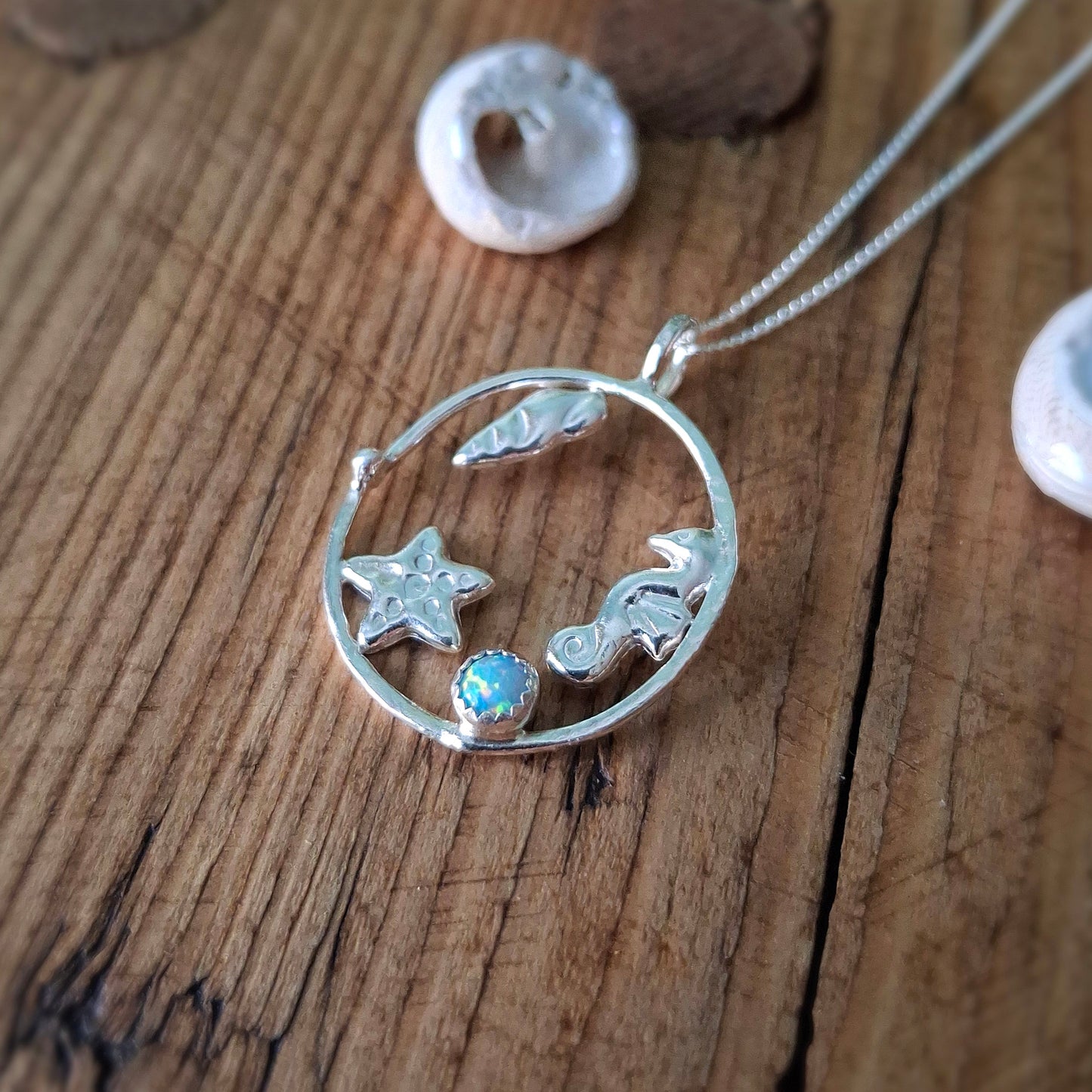 Handmade Silver Circle Seaside Pendant with Opal