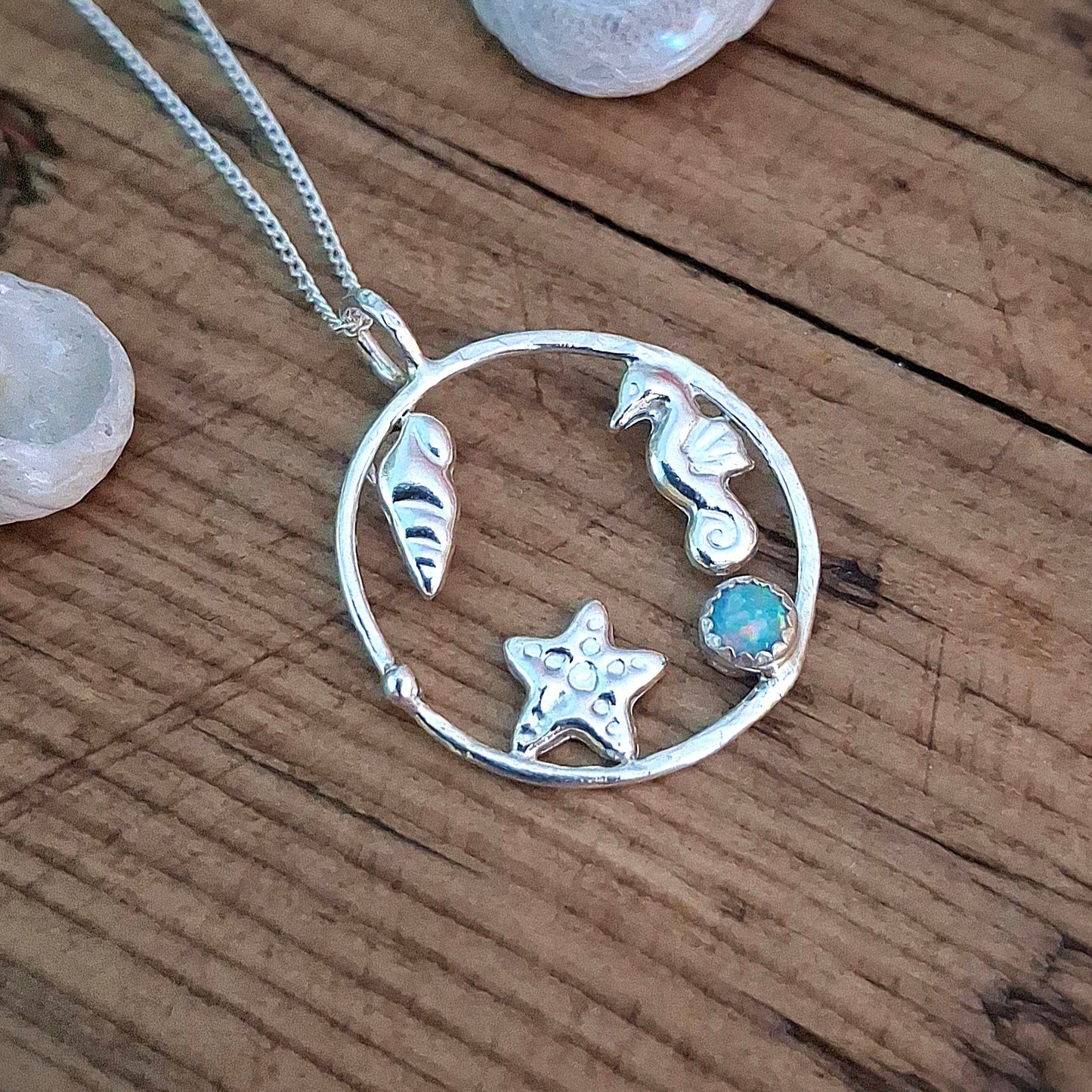 Handmade Silver Circle Seaside Pendant with Opal