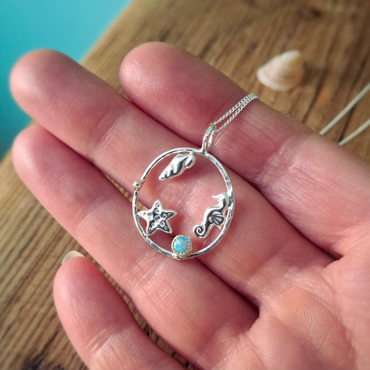 Handmade Silver Circle Seaside Pendant with Opal
