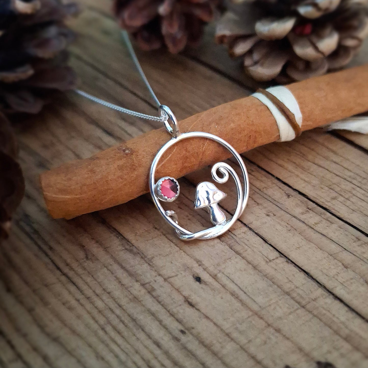 Handmade Mushroom and Vine Silver Necklace with Garnet