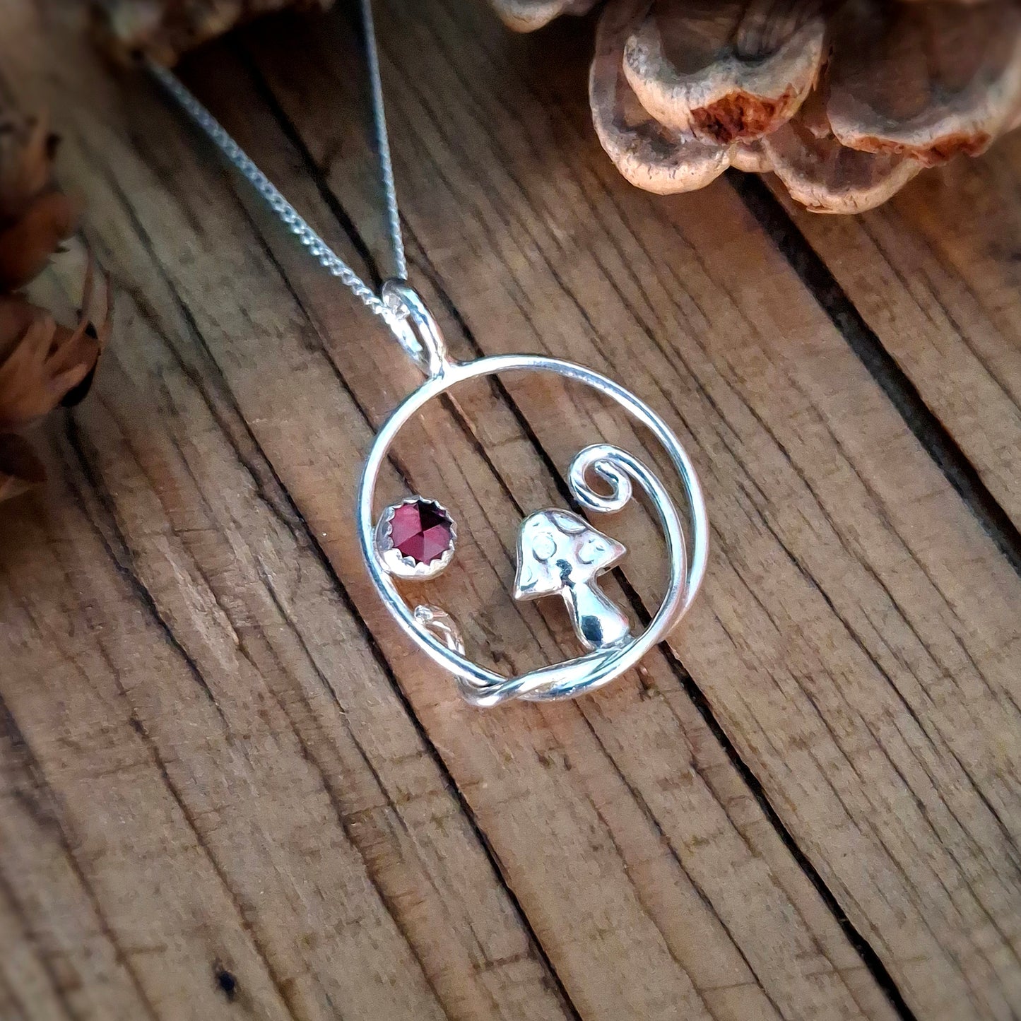 Handmade Mushroom and Vine Silver Necklace with Garnet