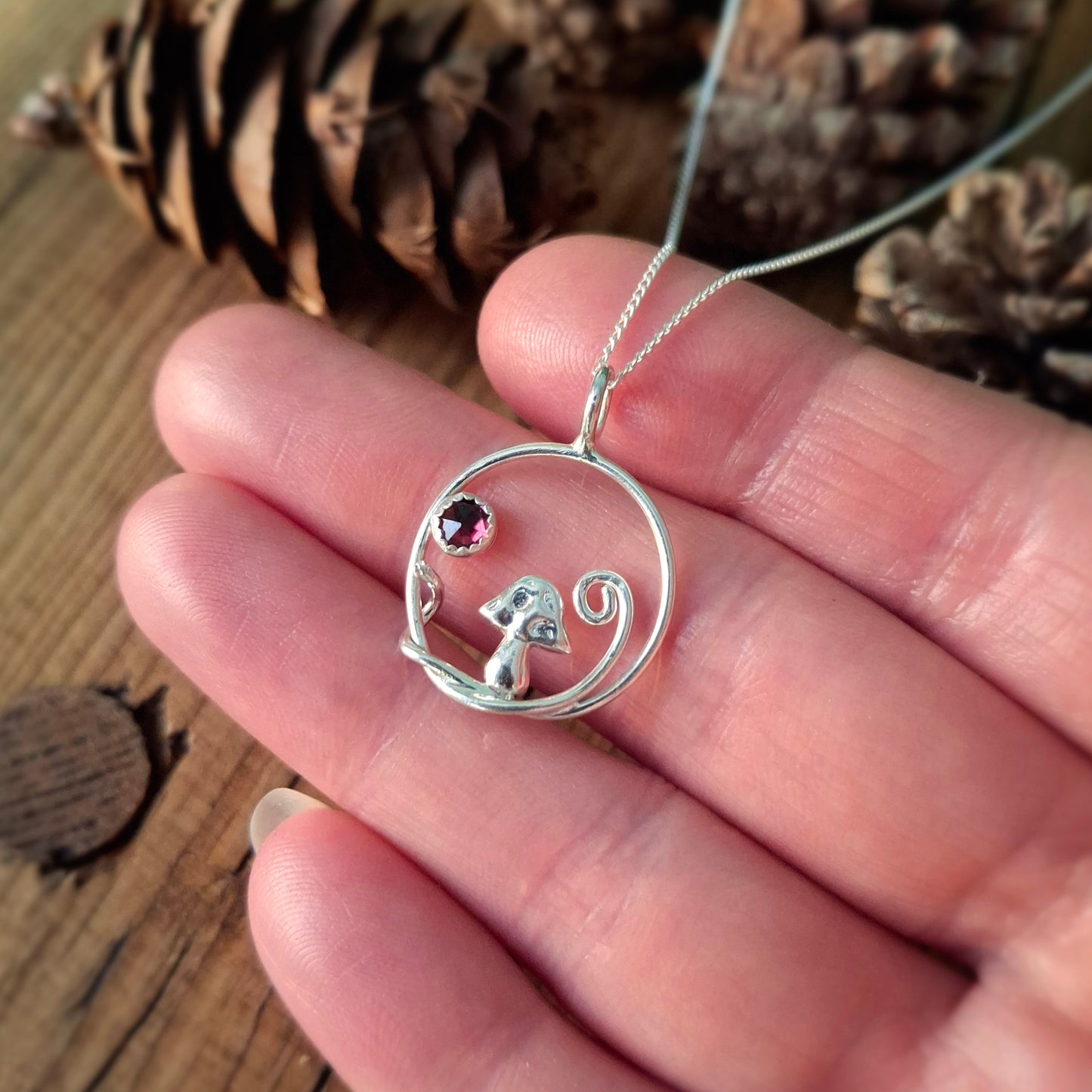 Handmade Mushroom and Vine Silver Necklace with Garnet