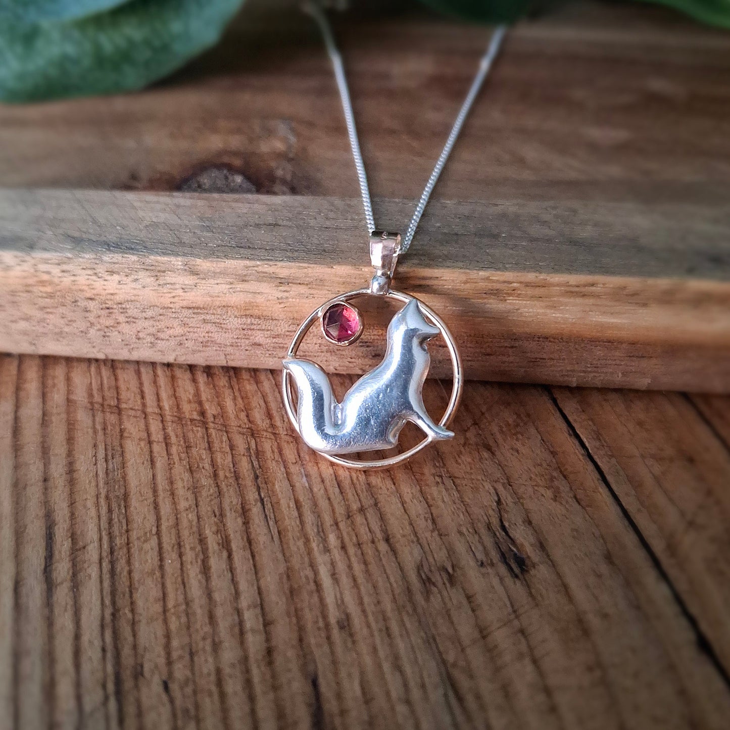 Handmade Rose Gold & Silver Fox Charm Necklace with Garnet