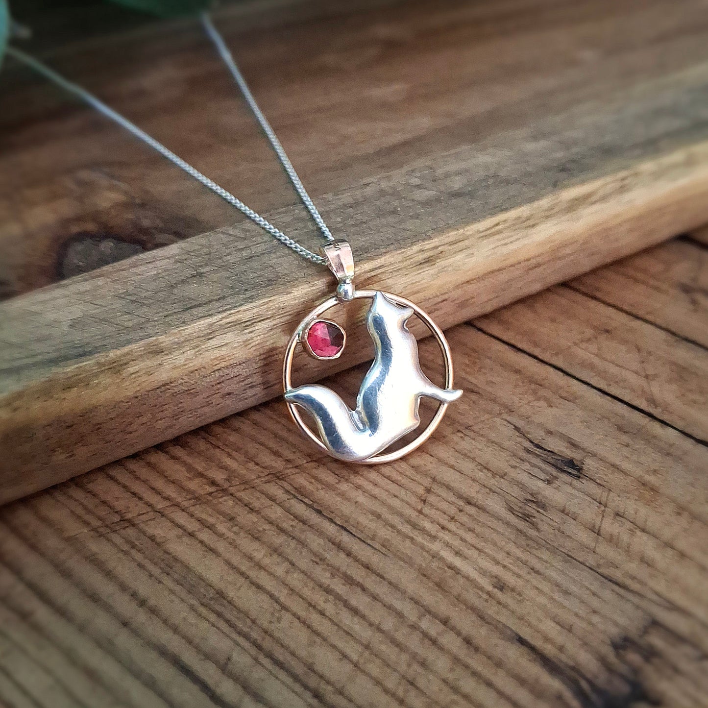 Handmade Rose Gold & Silver Fox Charm Necklace with Garnet