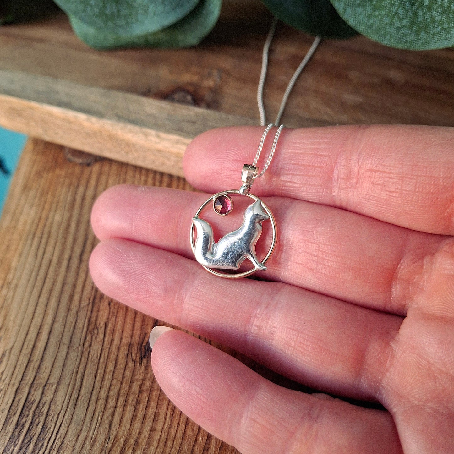 Handmade Rose Gold & Silver Fox Charm Necklace with Garnet