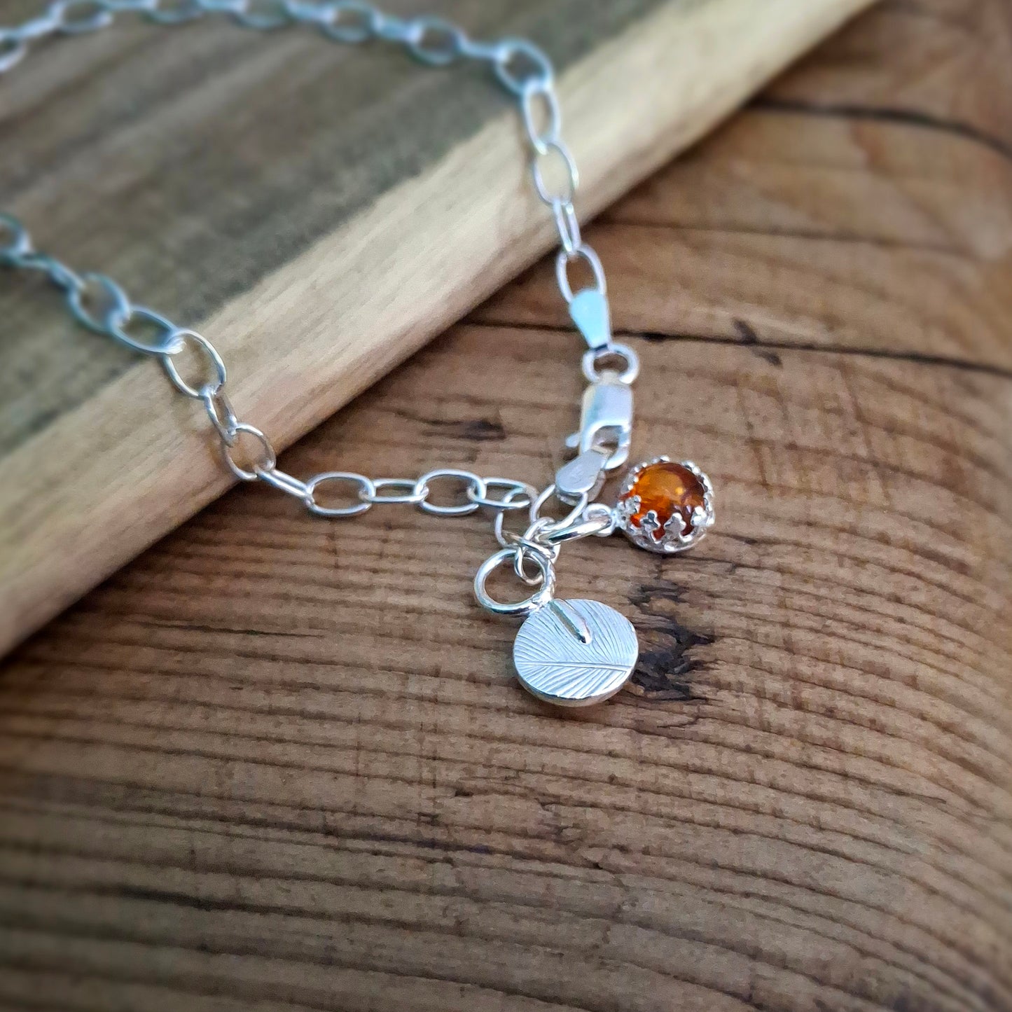 Handmade Amber and Acorn Silver Bracelet