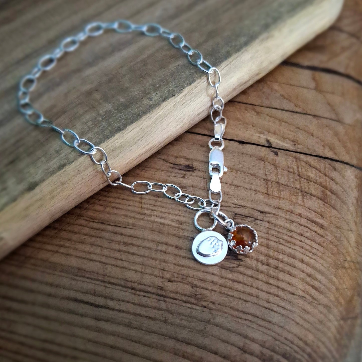 Handmade Amber and Acorn Silver Bracelet