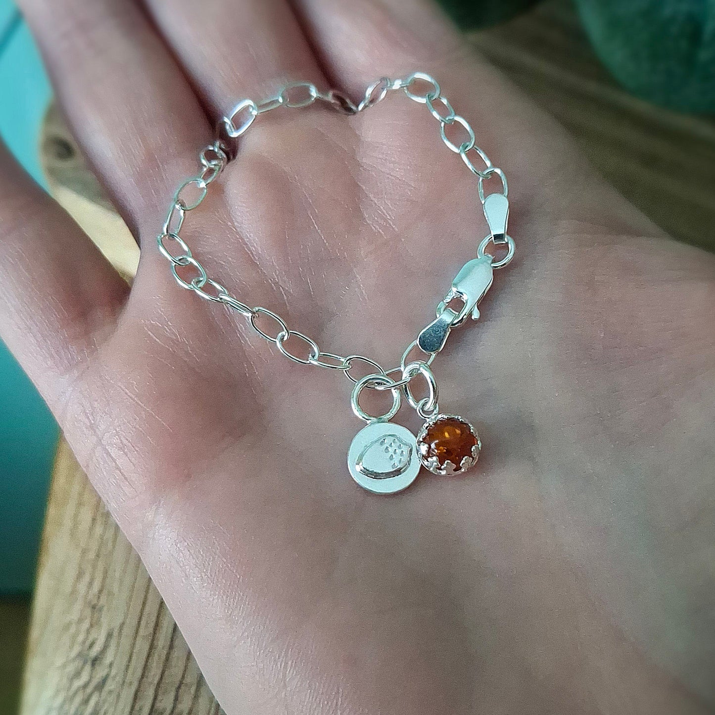 Handmade Amber and Acorn Silver Bracelet