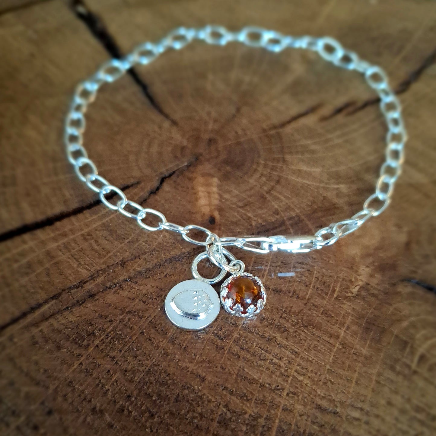 Handmade Amber and Acorn Silver Bracelet