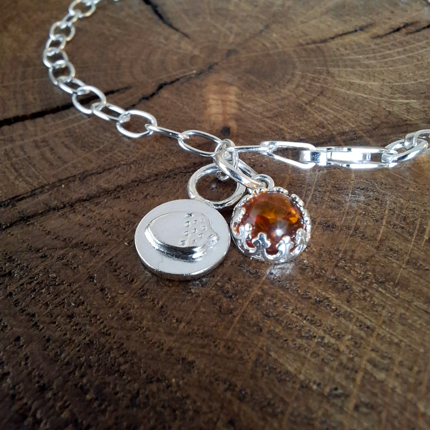 Handmade Amber and Acorn Silver Bracelet