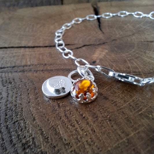 Handmade Amber and Acorn Silver Bracelet