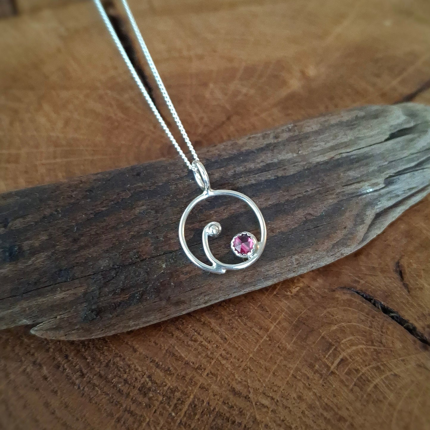 Handmade Silver Swirl Necklace with Garnet