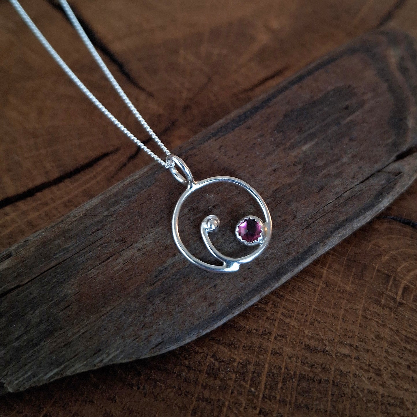 Handmade Silver Swirl Necklace with Garnet