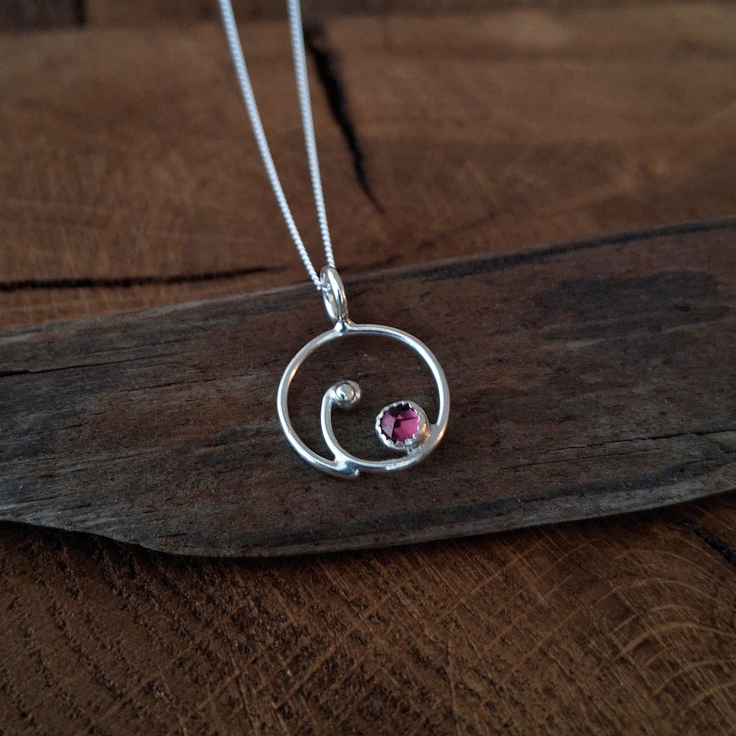 Handmade Silver Swirl Necklace with Garnet