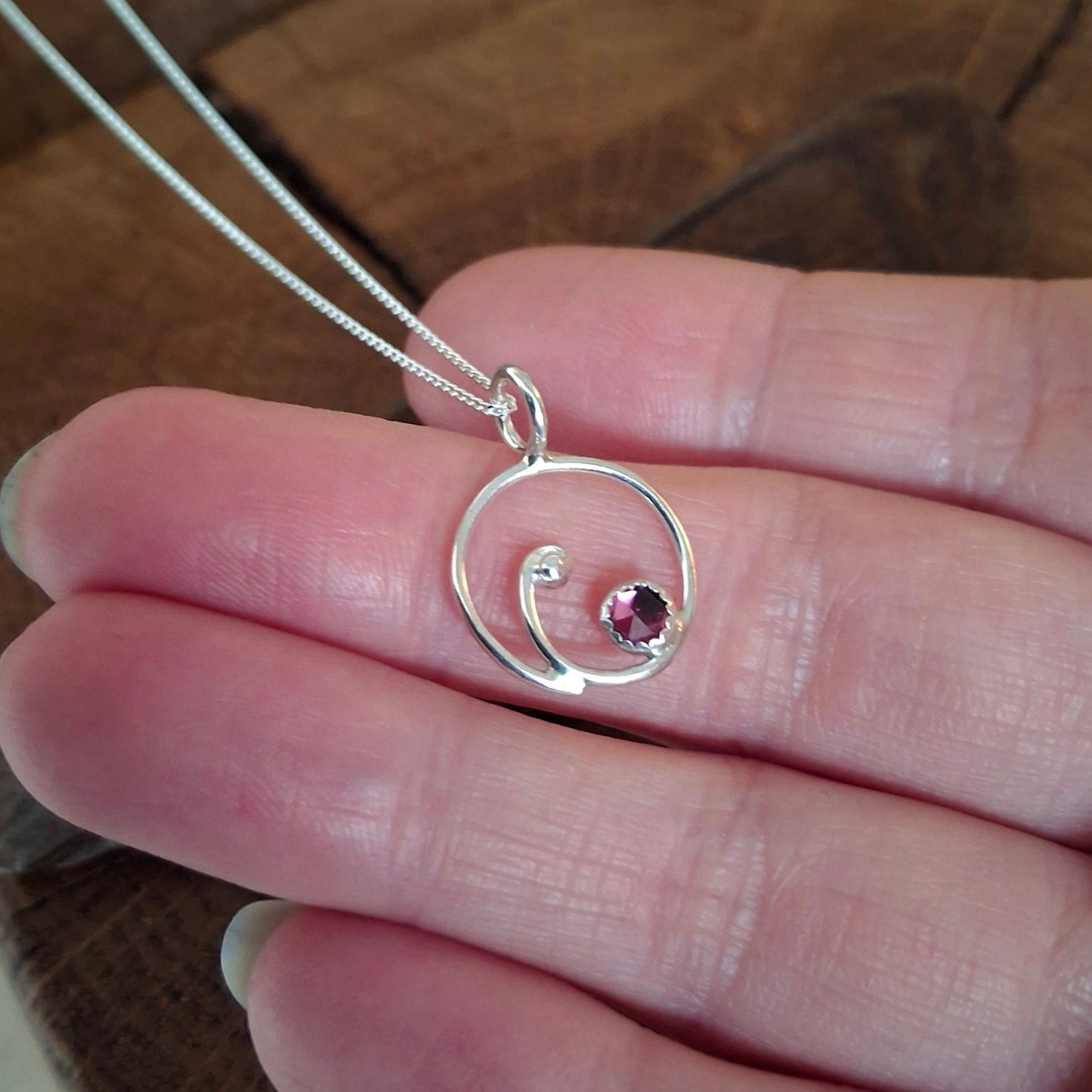 Handmade Silver Swirl Necklace with Garnet