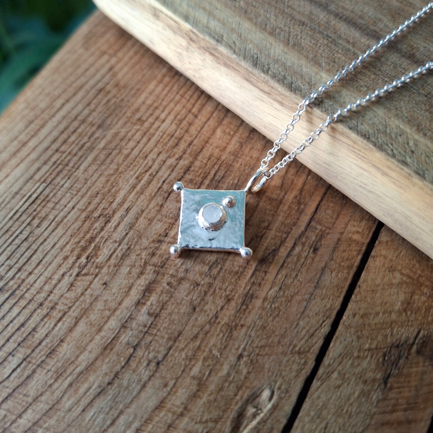 Boho Moon Stone Square Silver Necklace