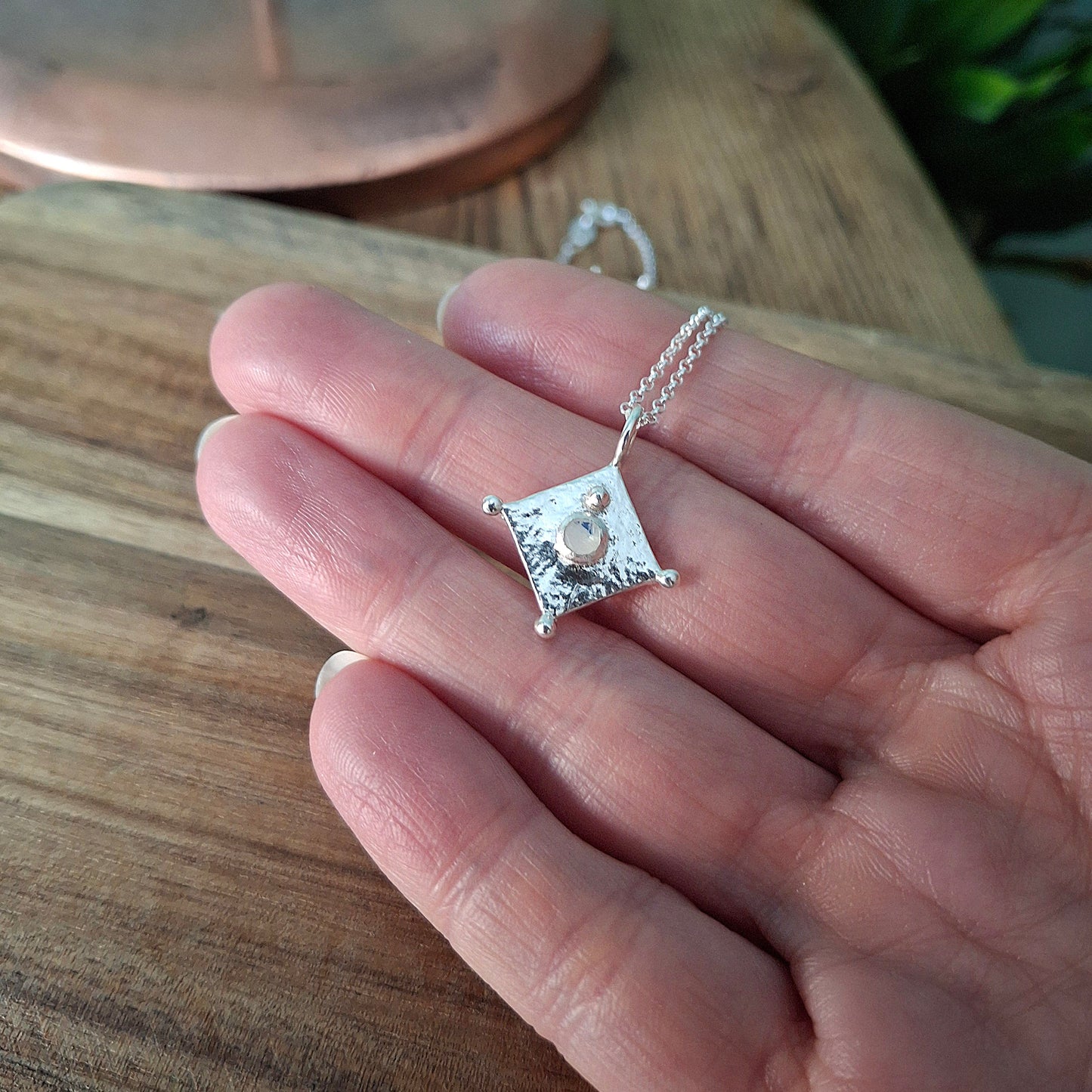 Boho Moon Stone Square Silver Necklace