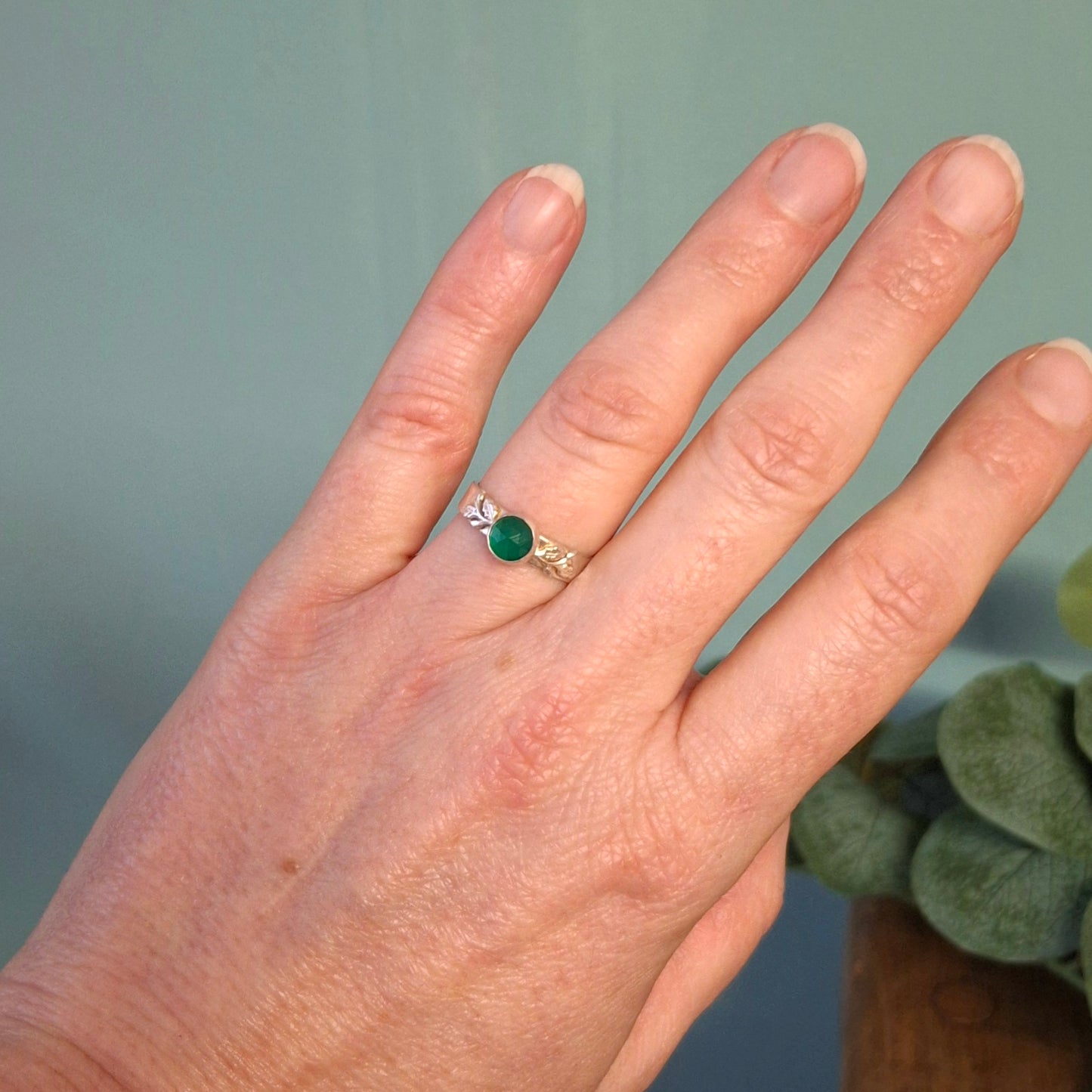 Handmade Oak Leaf & Acorn Green Onyx Ring, Nature Inspired Jewellery