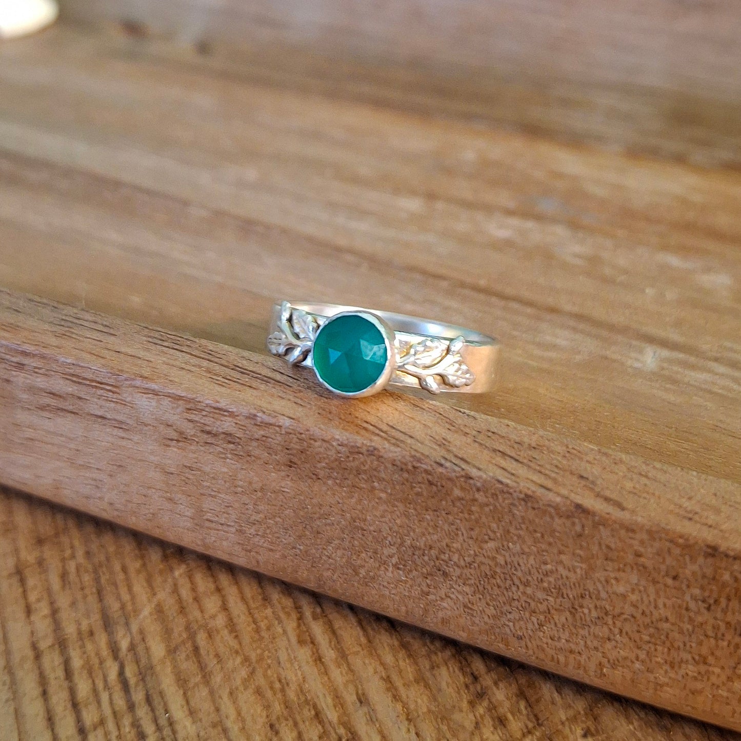 Handmade Oak Leaf & Acorn Green Onyx Ring, Nature Inspired Jewellery