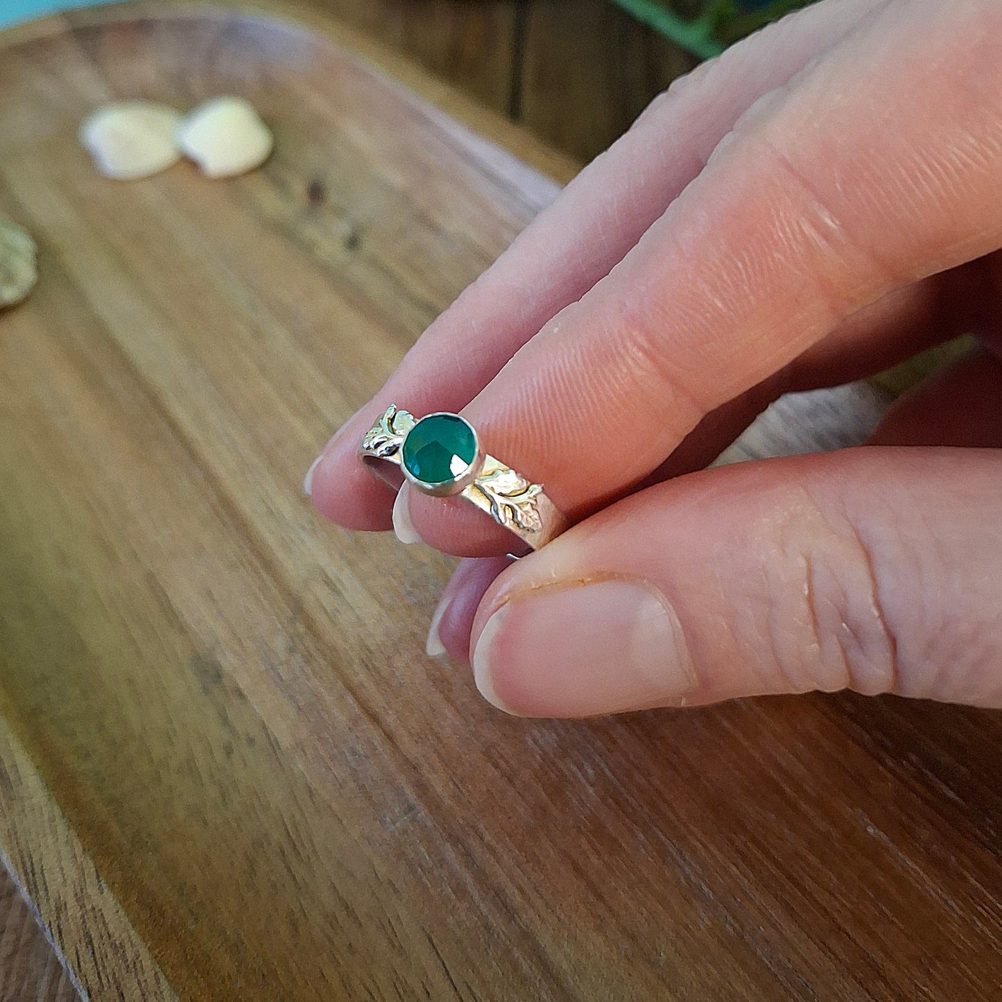Handmade Oak Leaf & Acorn Green Onyx Ring, Nature Inspired Jewellery
