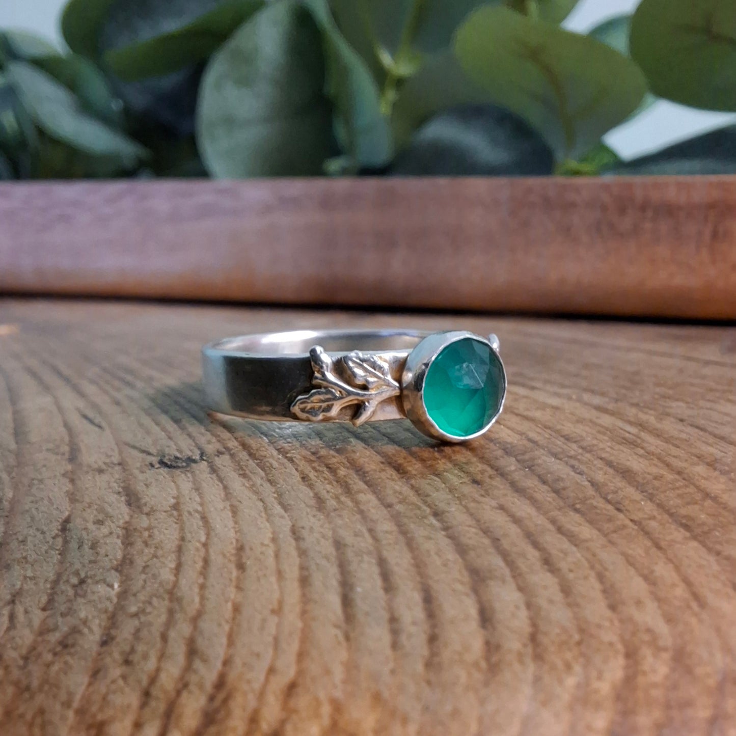 Handmade Oak Leaf & Acorn Green Onyx Ring, Nature Inspired Jewellery