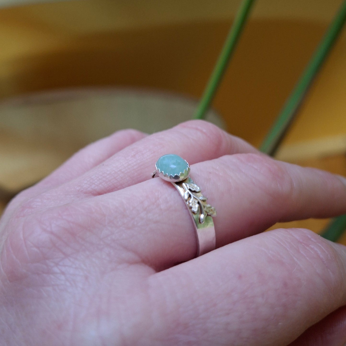 Handmade Oak Leaf & Acorn Aventurine Ring, Nature Inspired Jewellery