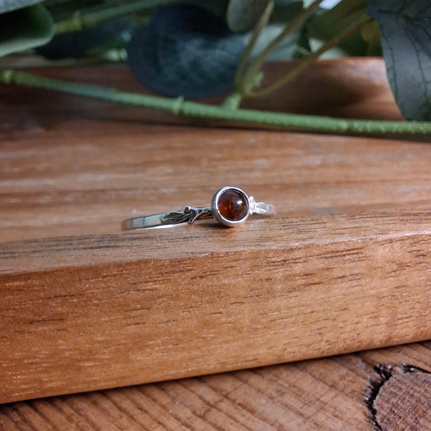 Handmade Delicate Amber Leaf Silver Ring
