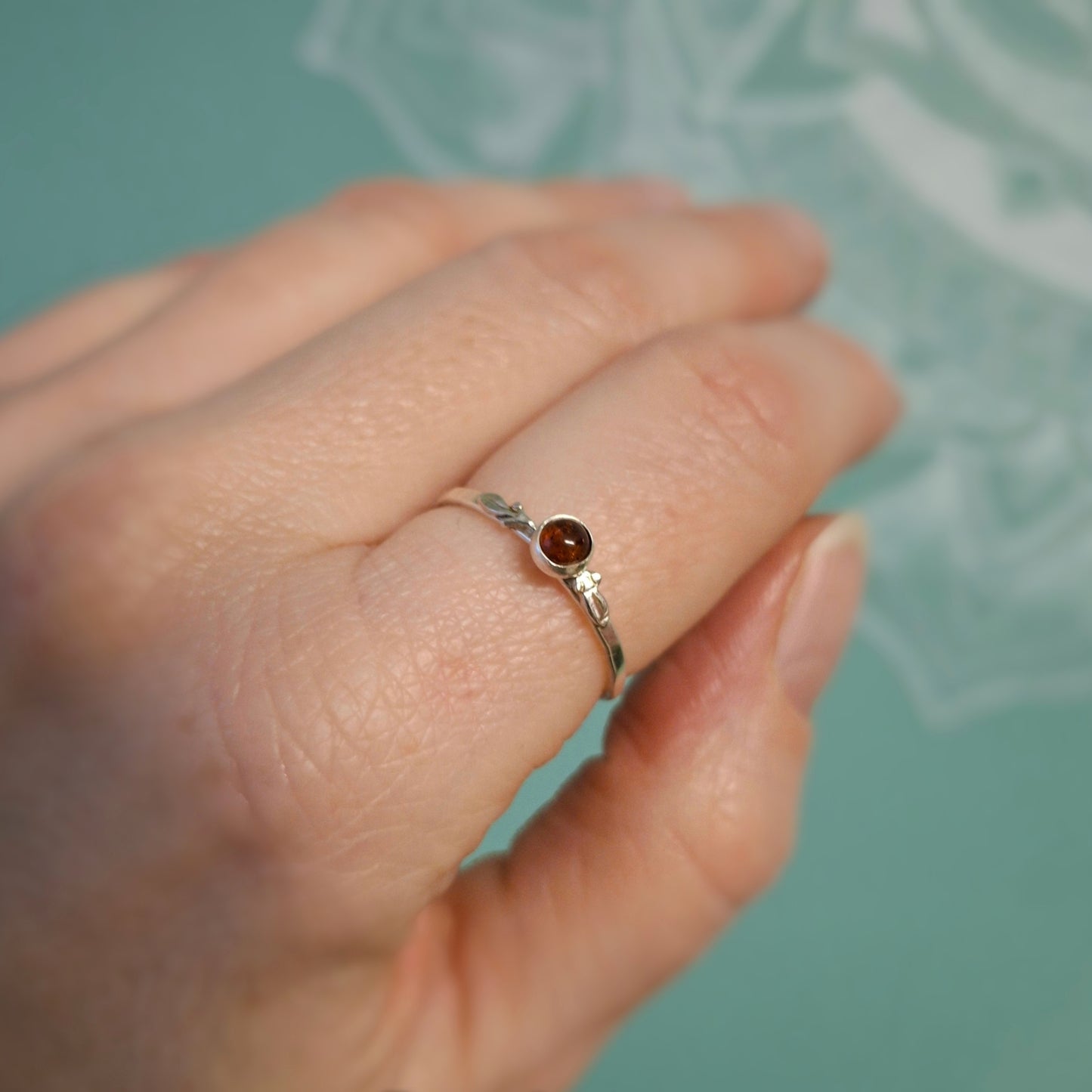 Handmade Delicate Amber Leaf Silver Ring