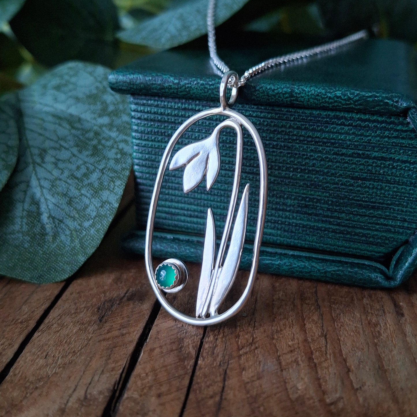 Handmade Large Oval Snowdrop Pendant with Green Onyx